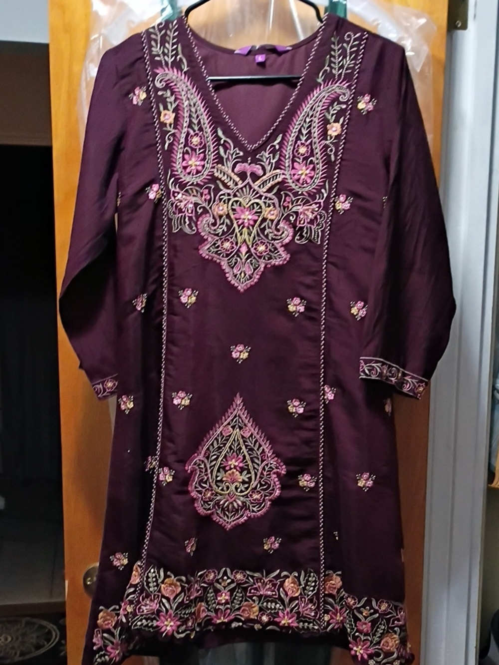 Embroidered V-Neck Tunic Dress in Deep Plum with Pink Accents